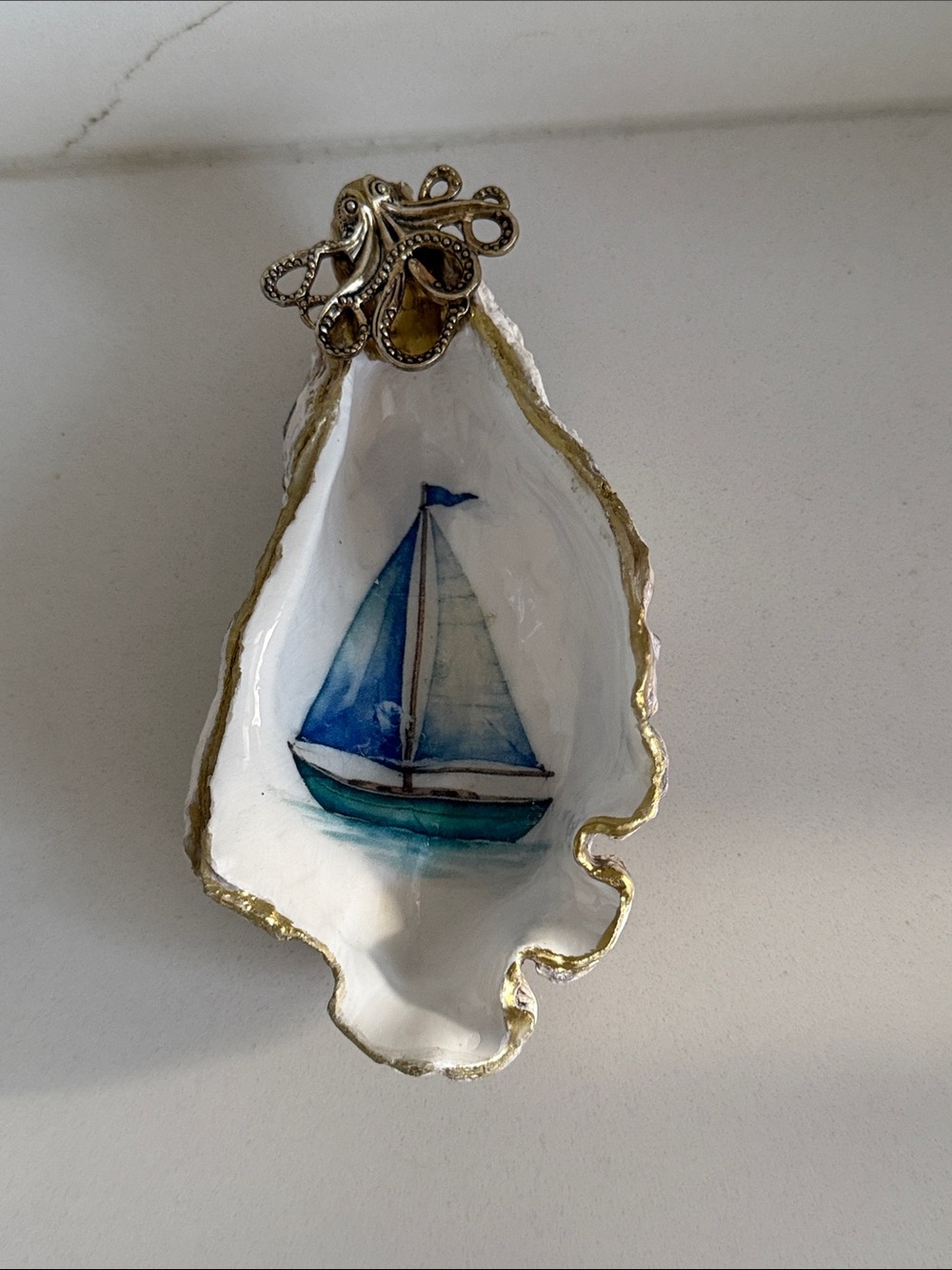 Blue Sailboat Oyster Shell Decorative Trinket Dish